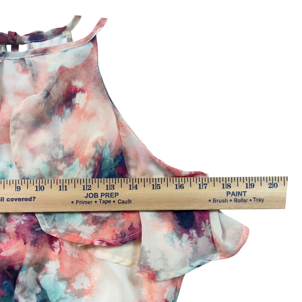 Peach Love California Watercolor Floral Cold Shoulder Romper Peach Teal Small - Picture 7 of 10
